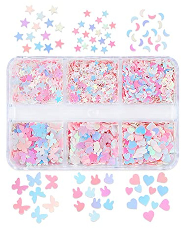 Mélange de paillettes scintillantes pour nail art - En forme de cœur et d'étoile - Vernis gel UV - Poudre scintillante