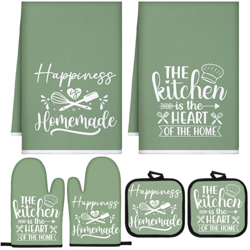 Sratte 6 Pcs Kitchen Decor Accessories Set Farmhouse Towels Pot Holders Oven Mitts Set 2 Dish Towels 2 Potholders 2 Cooking Mittens Oven Glove for Christmas Baking Cooking Supply(Sage Green,Kitchen)