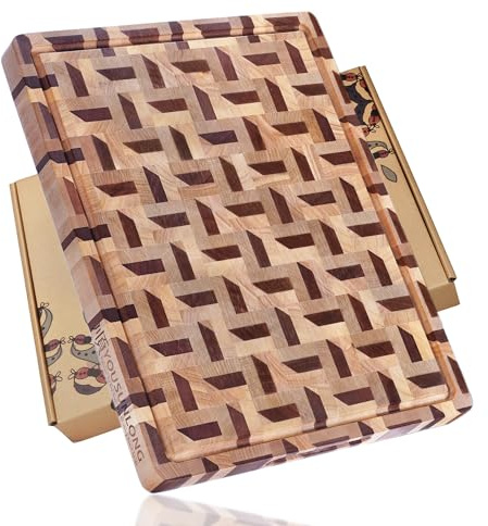 YOUSUNLONG Planche à découper en bois de bout à motif zigzag 3D - Bloc de boucher réversible en noyer et érable - 51cm x 41cm x 3,8cm - Plateau de service pour poitrine de bœuf,charcuterie