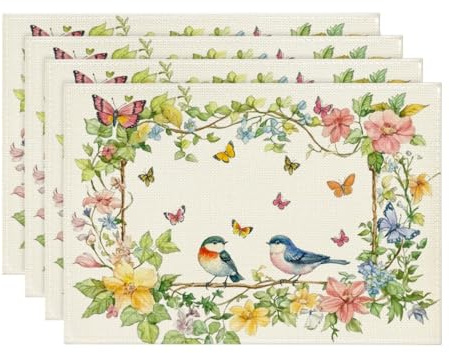 Artoid Mode Vögelchen Schmetterling Blumen Frühling Platzsets 4er Set, 30x45cm Urlaub Tischsets Waschbar Platzdeckchen Küche Party Deko