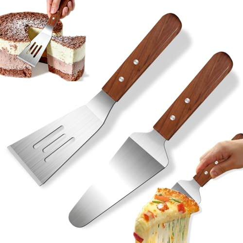 2 Pieces Wood Handle Pie Server Set, Stainless Steel Pie Server Spatula Set, Cake Cutter Pizza Tart Dessert Slicer, Metal Spatulasfor Cutting and Serving Desserts Brownies Lasagna