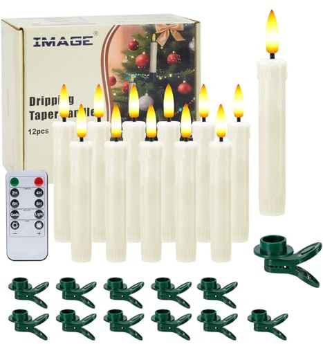 IMAGE 12-teiliges LED-Kerzenset (13,5 cm), flammenlose Elfenbeinkerzen mit 3D-Tropfoptik, mit Christbaum-Clip, 10-Kanal-Fernbedienung mit Timer, warmweiß, batteriebetrieben.