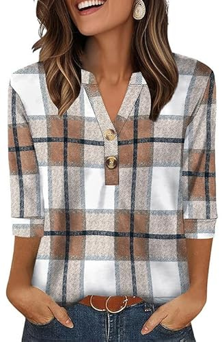 OFEEFAN Womens Long Sleeve Tops Trendy Teacher Outfits 3/4 Length Sleeve Blouses Dressy Casual Brown Checks L