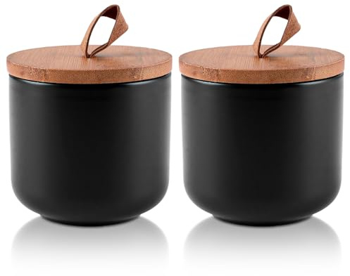 VIDETOL 2 Stück Keramikglas mit Deckel, 260ml/9oz Vorratsdose Keramik, Frischhaltedose mit Griff, Zuckerdose Schwarz, Lebensmittelbehälter für Kaffeebohnen, Zucker, Tee