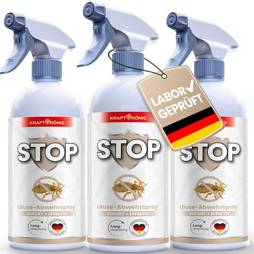 KRAFTKÖNIG Läuse Abwehrspray 3x 500 ml – Hochwirksam für Läuse und Nissen | Umgebungsspray sofort einsatzbereit mit Langzeitschutz; für Wohnräume, Möbel und Textilien, mit Sofortschutz; Made in Germany