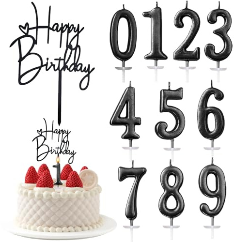 10 Unidades Velas de Cumpleaños, Número 0-9 Pastel Velas + 1 Adorno para Tarta de Cumpleaños Feliz,DecoracióN De Tarta Para Fiesta De CumpleañOs (Negro)