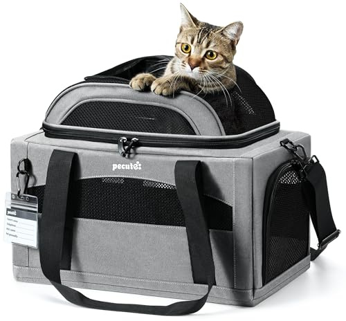 pecute Transportväska för katt och flyg – Stabil hållning – Lätt transportväska – Vikbar – För katter och små hundar – Perfekt för resor – Ljusgrå