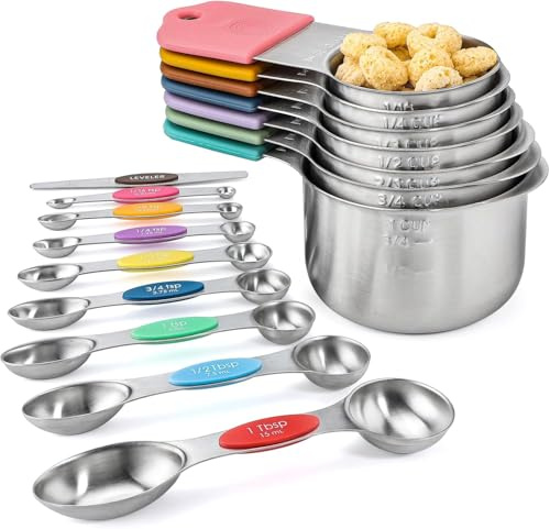 Juego de tazas y cucharas medidoras de acero inoxidable que incluye 7 tazas medidoras apilables, 8 cucharas medidoras magnéticas de doble cara, 1 medidor de nivel para ingredientes secos y líquidos