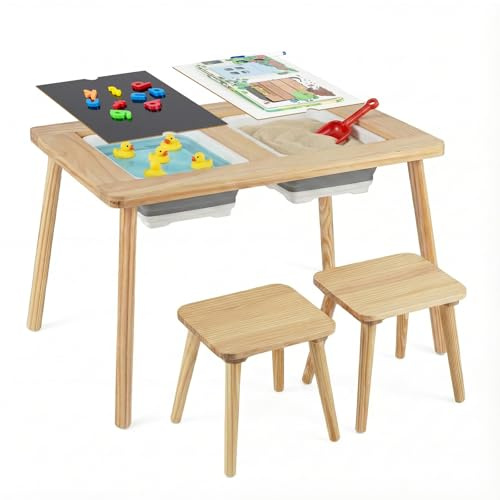 COSTWAY 6-i-1 barnlekbord, sensoriskt bord med dubbelsidig bordsskiva och 2 vikbara behållare, Montessori barnbord med 2 stolar, vatten- och sandbord för barn från 3 år (kvadrat)