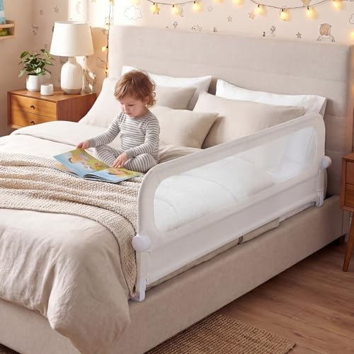 FANTASK Bettgitter klappbar, Kinderschutzgitter mit U-förmigem Gestell & Gurt, Bettschutzgitter mit abnehmbarem Oxford-Bezug, Rausfallschutz für Kinderbett Elternbett Boxspringbett (Weiß, 180 x 60 cm)