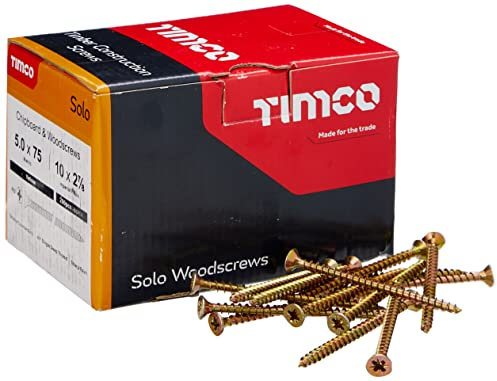 TIMCO Solo Chipboard & Woodscrews - Gold - 5.0 x 75 - Box of 200 - A single thread woodscrew mainly used in various types of timber and man-made boards or into masonry with the use of plastic plug