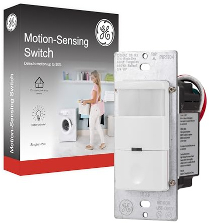 GE in-Wall Motion Sensor Light Switch, Motion Sensor Light Indoor Switch, Occupancy & Vacancy Options, Single Pole, 150 Degree 30ft Detection Zone, Custom Timer, 11927