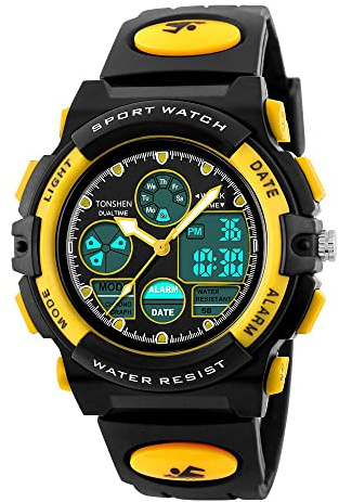 TONSHEN Digitale Orologi da Polso per Uomo Donna Ragazzo Bambini Subacqueo 50M Impermeabile Analogico Quarzo Orologio Sportivo Plastica Lunetta Gomma Band Doppio Tempo Sveglia LED Controluce