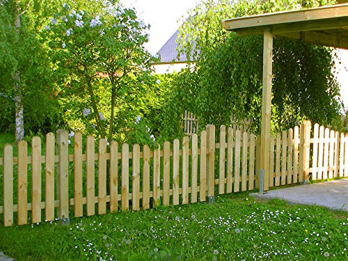 120cm hohes Komplett 34,30 m Set Holzzaun 4 m–38m wählbar (dieses Standard Paket ist 34,30 m) Zaun inkl. allem Zubehör Staketenzaun 120cm Höhe nach unten gebogene Form