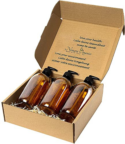 Nomara Organics Amber Glass Soap Dispenser - 3 Pack of 300mL Bottles with Lockable Pumps for Handwash, Lotion, Facial Soap, Gift Set, BPA Free, Refillable.