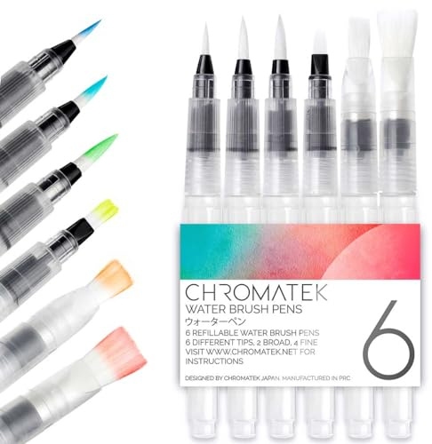 Chromatek AquaPens. Set of 6 Refillable Aqua Watercolor Brushes with Nylon Tips. Easy Water Brush Pens for Painting. Blending & Calligraphy. Includes Online Video Tutorials & Templates