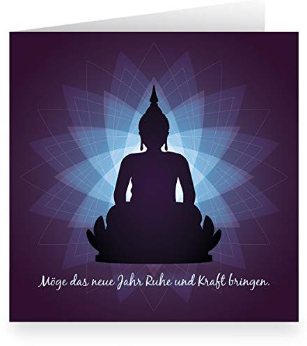 1 Entspannende quadratische Glückwunsch-karte (quadratisch, 15,5x15,5cm inkl Umschlag) mit Buddha: Möge das neue Jahr Ruhe und Kraft bringen - große XL Karte auch zu Silvester, Neujahr