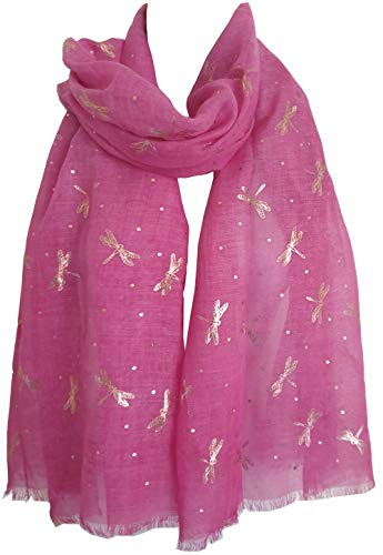 GlamLondon Schal mit Libellenmuster, Glitzer, Rotgoldfolie, Libellen, Pink Hot, L
