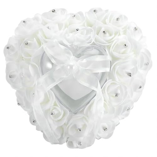 VIFERR Ringkissen Hochzeit Ringbox Romantische Ehering Kissen Herzförmig Ringhalter Hochzeit Ringkissen Herzform Ring Box, Rose, Dekor, Geschenk (Weiß)
