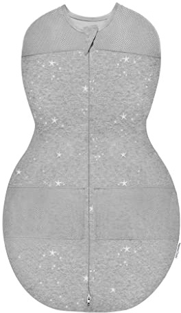 Happiest Baby Sleepea 5-sekunderslinda – lindningssäck i 100% ekologisk bomull – läkardesignad, minskar värmebildning, extra tyst kardborreband (grafitgrå stjärnor, large)