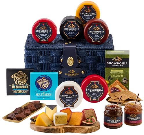 Snowdonia Cheese Company | Decadent Cheese Hamper | 6 Luxury Welsh Cheeses, 2 Chutneys, Wholemeal Crackers and 2 Chocolate Bars | Cheese and Chocolate Gift Set