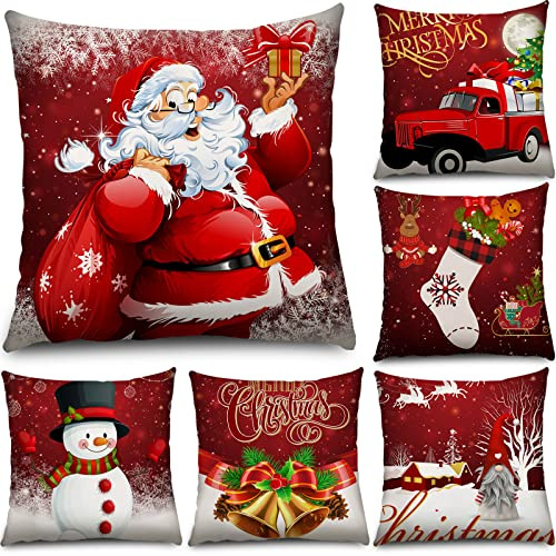 Tatuo 6 Stück Weihnachten Kissenbezüge Dekoration Weihnachten Zierkissenbezüge Feiertag Dekokissen Kissenhülle für Sofa Couch Weihnachten Büro Schlafzimmer Deko (Lustiger Stil, 18 x 18 Zoll)