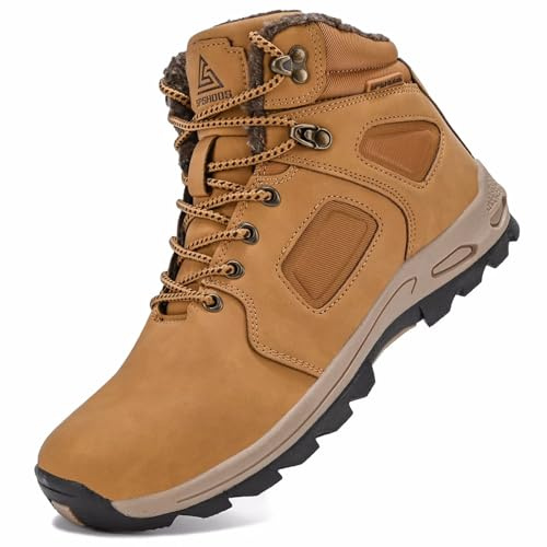 CYKYGGO Bottes Hiver Hommes Bottines de Neige Fourrées Imperméable Cuir Boots Chaudes Trekking Chaussures Antidérapant Outdoor Jaune 42