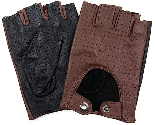 ZLUXURQ Herren-Lederhandschuhe Vollmaschige Fingerlose Halbfinger-Fahrhandschuhe