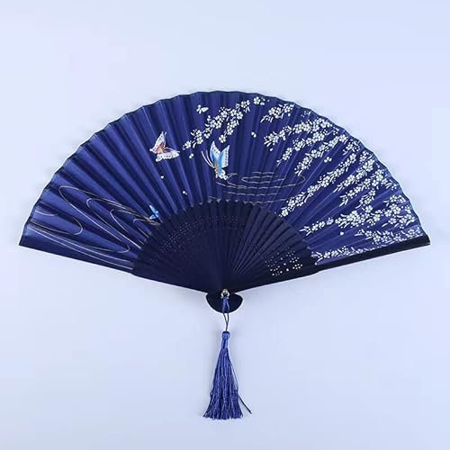 Yukiyi Handfächer für Damen, faltbar, Bambus-Fächer mit Quaste, Seidenstoff, Wanddekoration, Hochzeit, Party (Dunkelblau)