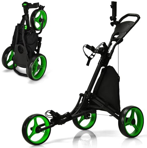 GYMAX Carro de Golf de 3 Ruedas, Carrito de Golf Plegable con Asa Ajustable y Soporte para Paraguas y Soporte Superior para Bolsillo, Carrito de Golf con Soporte para Bebidas y Marcador