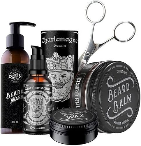 Charlemagne Bartpflege-Set mit Bartschere, Bartshampoo, Bartbalsam, Bartöl & Moustache Wax – Barber-Set Geschenk für Männer - Bartpflege Set für Männer - Kosmetik Set Herren - Beard Growth Kit