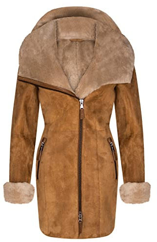 Infinity Leather Damen Mantel aus Shearling-Schaffell Merino Veloursleder mit Kapuze