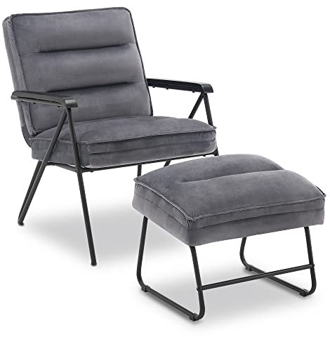 M MCombo Grau Relaxsessel mit Hocker, bequemer Polstersessel, moderner Wohnzimmerstuhl, Samt, 4750(Grau, mit Hocker)