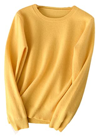 Kaschmir Wolle Strickpullover Damen Pullover Rundhals Basic Warm Pullover, gelb, L