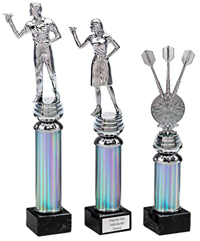 eberin · Dart Pokale 3 Figuren Mann, Frau, Dartscheibe/Dartpfeile auf Silbersäule/Marmor schwarz · Dart Trophäe · Dart Preis · Dartclub Award · Pokal mit Gravur ·