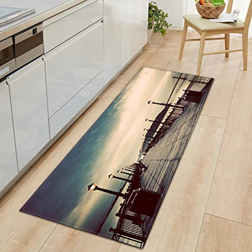 GOKSEL Küchenläufer Waschbar rutschfest Küchenmatte Meer & Holzbrücke Küchenmatte ​für Küche und Bar Teppich Läufer waschbare Küchenläufer Küche Deko 60 x 180cm