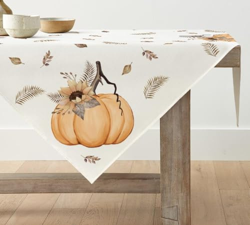 Artoid Mode Streifen Orange Kürbisse Blätter Herbst 85x85 cm Tischdecke | Saisonal Fall Tischwäsche Küche Tisch Dekoration Drinnen Urlaub Party Dekor