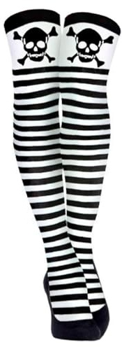 AC - Medias de calavera, rayas negras y blancas, 90% poliéster + 10% licra, complemento para disfraces, carnaval, Halloween, cosplay, fiestas (Adulto, 165/180 cm)