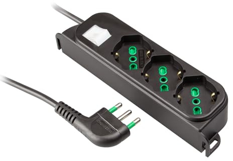 Ekon multipresa a ciabatta con 3 porte, per spine italiane, per prese schuko, spine europee, cavo da 1.5m, spina italiana 16A, interruttore luminoso, nero