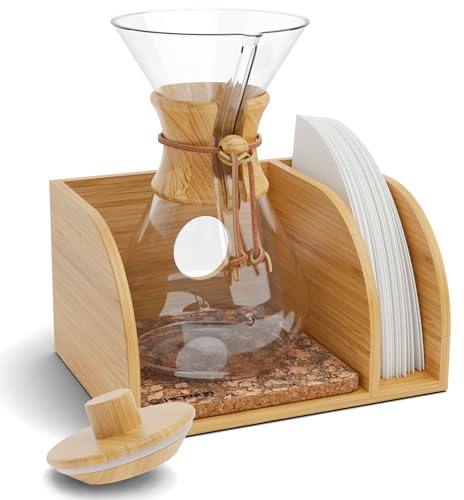 HEXNUB Pour Over Caddy with Lid for Chemex Bodum Cosori Coffee Makers Cork | Handmade Bamboo Stand, Filter Holder, Heatproof Mat for a Cleaner Coffee Station