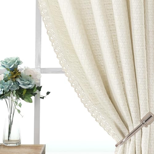 H.VERSAILTEX Boho Curtains for Living Room Linen Jacquard Curtains 84 inches Long 2 Panels Back Tab Loop Rod Pocket Light Filtering Sets, Cream (Border with Trimmings)
