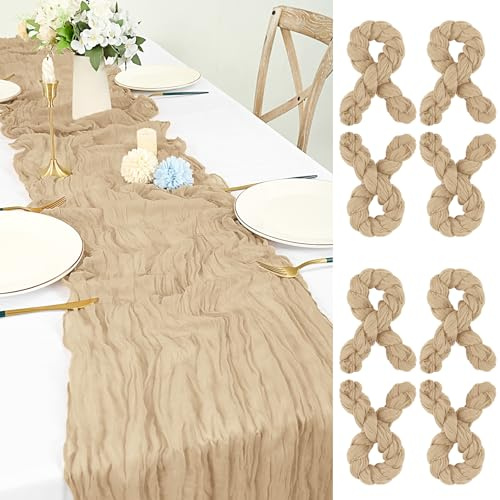 LYAFS 8 Stück Seihtuch Tischläufer Beige, 55x300 cm Käsetuch Tischläufer Waschbares Gaze-Stoff Boho Cheesecloth Tischläufer Hochzeit Tischdecke für Hochzeit Geburtstags Brautparty Tischdekoration