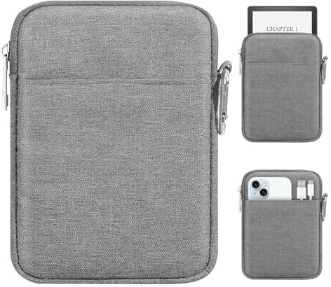 MoKo Padded Ereader Sleeve Case for 6-7 inch Ereader Tablet Bag Protective Cover Pouch with a Carabiner, Compatible with 7 Colorsoft Signature Edition 2024, Light Gray