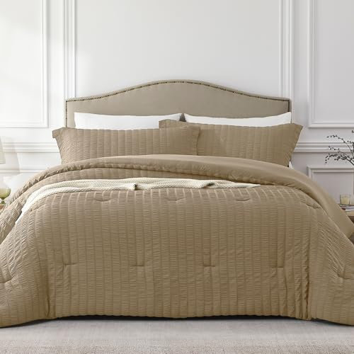 Quataly Braunes Queen-Bettwäsche-Set – 3-teiliges Seersucker-Bettwäsche-Set (1 weiche, flauschige Bettdecke und 2 Kissenbezüge) – gemütliche, moderne Bettwäsche-Sets für alle Jahreszeiten