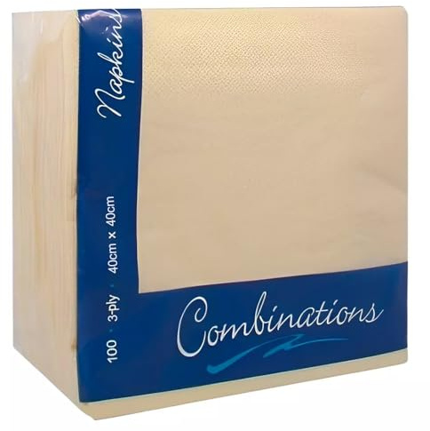 Tezraftaar® 100 x Paper Napkins Disposable 40cm x 40cm 3Ply Cream Serviettes Tissue Paper for Catering Supply Tableware Weddings Christmas Birthday Parties