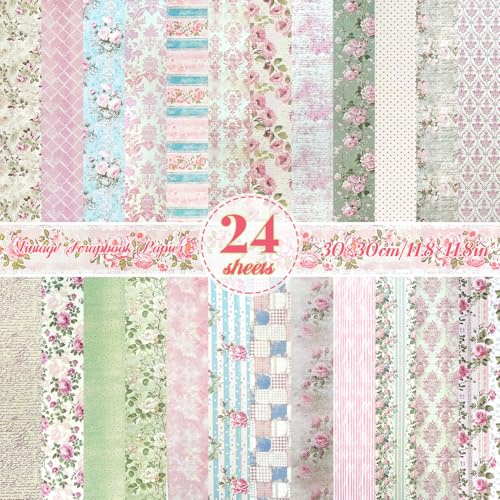 24 Fogli di Carta per Scrapbooking Floreale 30cmx30cm Doppio Lato Decoupage per Junk Journal, Carta per Scrapbooking per la Realizzazione di Carte Fai-da-Te, Album Fotografico, Carta Decorativa per