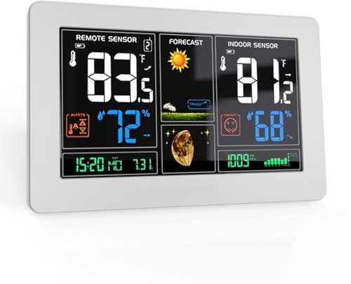 Stazione Meteo con Sensore Esterno, Termometro wireless for interni ed esterni for stazione meteorologica, orologio atomico con display da 7,5 pollici con previsioni del tempo e barometro ,Sveglia, Fa