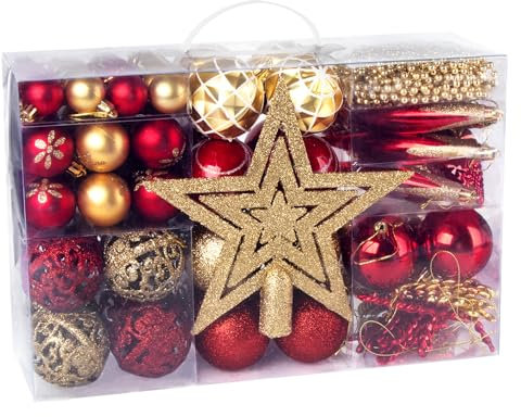 Weihnachtskugeln, 102er Set Christbaumkugeln, mit Baumspitze Stern, Ø3/4/6 cm, mit Eiszapfen kegelförmige Anhänger Perlenkette, Christbaumschmuck für Weihnachtsbaum Deko, Rot und Gold