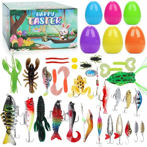 Care Royal Easter Basket Stuffers for Kids Teens Adults Men Women - Easter Egg Fillers 32 PCS Fishing Lures with 24 PCS Plastic Easter Eggs, Filled Easter Eggs Stuffers Easter Gifts for Men Boys Teen