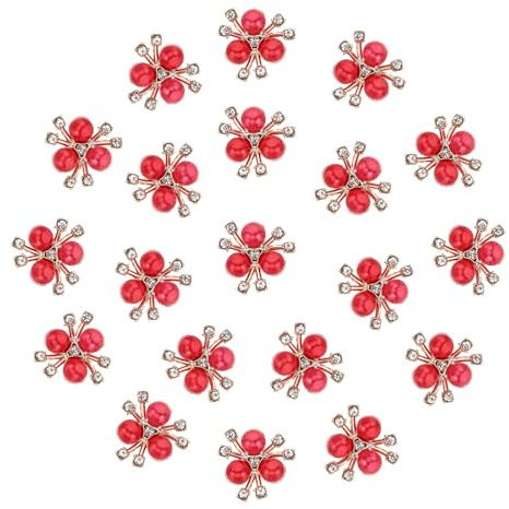 PATIKIL 20 st pärlblomknappar, strass pärla blomma knappar utsmyckningar falsk pärla strass knappar platt baksida brosch för smyckestillverkning hantverk bröllop kläder väska, röd